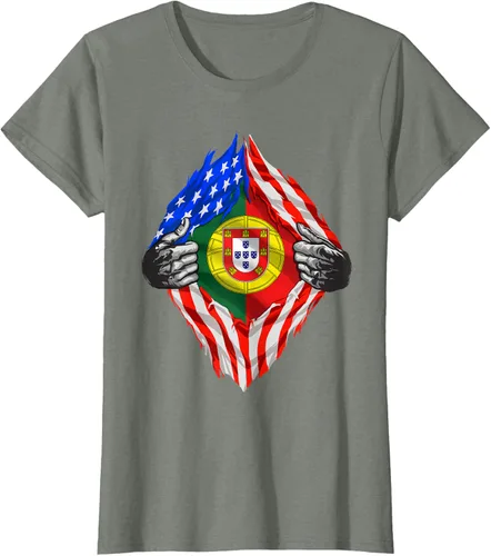Vista 16 de Camiseta de bandera de Estados Unidos con diseño de raíces portuguesas, Negro, S