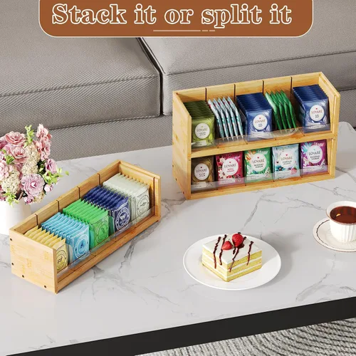 Vista 2 de X-cosrack Caja de almacenamiento organizadora de bolsas de té de bambú, caja de té apilable de 3 niveles, madera natural, cofres de té de montaje