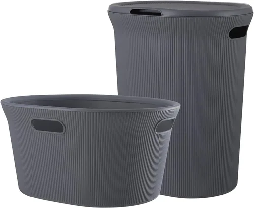Vista 22 de Superio Colección acanalada - Cesto decorativo de plástico para ropa sucia con tapa y asas recortadas, azul (1 paquete) Organizador de cesta