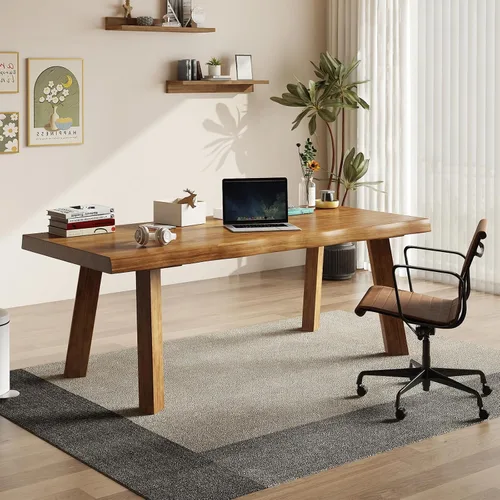 Vista 8 de Escritorio de madera maciza de 55 pulgadas, escritorio de computadora para oficina en casa, escritorio rústico de madera, escritorio de metal Marrón