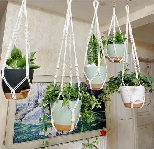 Vista 7 de Macetas colgantes con colgadores de macramé para plantas de interior y exterior, juego de 3 cestas colgantes de 35/27/21 pulgadas, macetas de riego