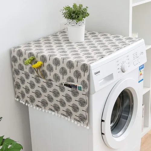 Vista 18 de vctops Funda de algodón y lino con estampado bohemio para nevera, a prueba de polvo, pompones, cubierta superior de lavadora multiusos con 6