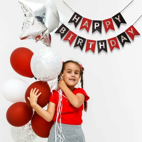 Vista 4 de Cartel de feliz cumpleaños de color rojo, plateado y negro, decoración para niños, niñas, hombres y mujeres, aniversario, fiesta de cumpleaños