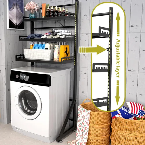 Vista 7 de Estante de almacenamiento para lavadora de 3 niveles de altura ajustable, organizador de almacenamiento grande para baño para ahorrar espacio (negro)