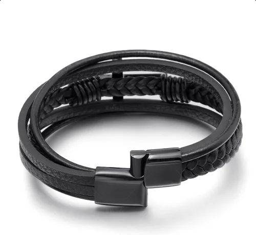 Vista 3 de Pulsera trenzada marrón casual de cuero negro para hombre