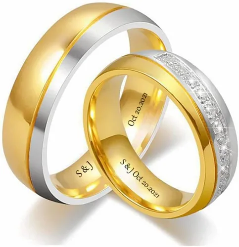 Vista 10 de Anillos de compromiso personalizados a juego para parejas, juego de anillos de boda de acero inoxidable dorado para él y ella, anillos de pareja