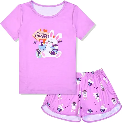 Vista 18 de QPANCY Pijamas de verano para niñas, conjuntos de pijamas de manga corta para dormir de verano