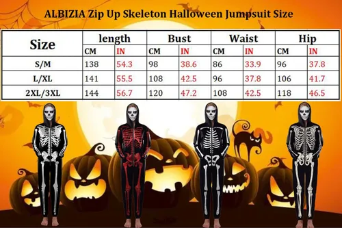 Vista 5 de ALBIZIA Disfraz unisex de esqueleto para Halloween, con cremallera, sudadera con capucha, mameluco Holloween