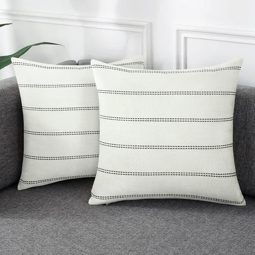 Vista 11 de AmHoo - Juego de 2 fundas de almohada decorativas para casa de campo, a rayas y a cuadros, juego de fundas de almohada de algodón y lino para sofá