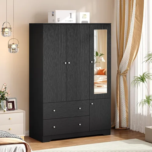 Vista 15 de VINGLI Armario Ropero Estriado con Puertas y Cajones, Gabinete Armario Blanco con Barra para Colgar, Armario de Madera para Dormitorio, Armario