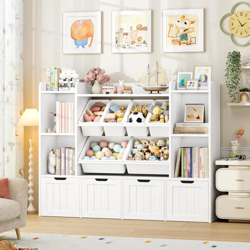 Vista 8 de FINETONES Organizador de almacenamiento de juguetes de 55.1 pulgadas con 6 cubos de juguetes, organizador grande de juguetes, estantería para niños