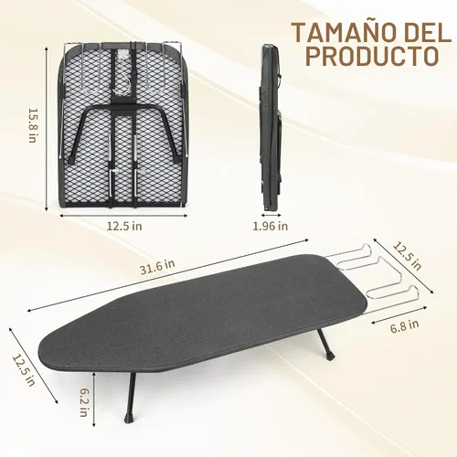 Vista 6 de Tabla de planchar plegable con soporte de hierro, 31.6 x 12.5 pulgadas, cubierta acolchada de algodón, panel de malla metálica, mini tabla de hierro