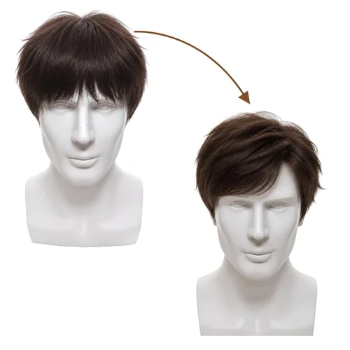 Vista 6 de Peluca corta marrón para hombre, parte lateral natural, sintética