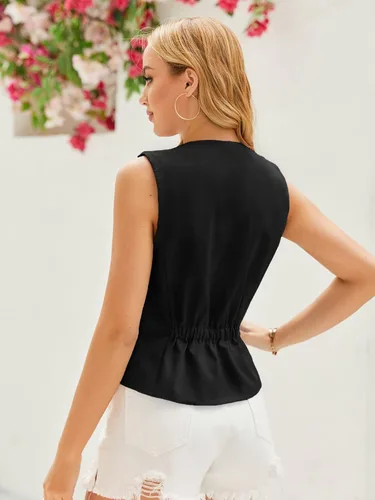 Vista 2 de GAMISOTE Chaleco con botones para mujer, estilo vintage, sin mangas, cuello en V, elástico, de gasa, chaleco