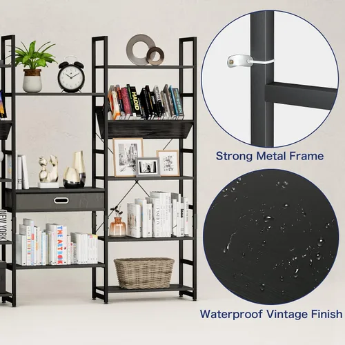 Vista 7 de NUMENN Estantería Triple Ancha de 5 Niveles, Estantes de Libros Ajustables de Estilo Industrial Rústico, Librerías y Estanterías Modernas Muebles
