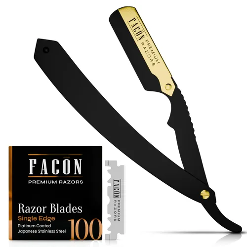 Vista 17 de Facón Navajas rectas para hombres - Kit de navaja de barbero profesional de borde recto con 100 cuchillas, afeitadora clásica de acero inoxidable El