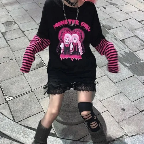 Vista 5 de PAROSEN Camisa gótica para mujer, camisas kawaii Harajuku moda gótica Y2K Grunge Tops para adolescentes niñas Anime manga larga