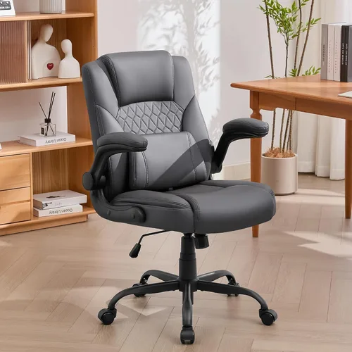 Vista 8 de Silla de Oficina para el Hogar con Soporte Lumbar, Asiento Engrosado de 5", Pequeña Silla de Escritorio Mecedora de Cuero PU, Cómodas Sillas