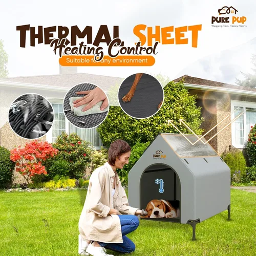 Vista 4 de Casa extragrande para perros al aire libre con toldo de techo, cama elevada con ventanas de malla de 16.1 x 11.4 x 9.8 in/19.2 lbs - Refugio