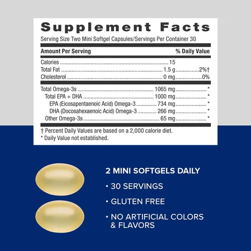 Vista 5 de GNC Suplemento de aceite de pescado de triple fuerza, mini Omega 3, 1000 mg de EPA y DHA, apoya la salud del corazón, el cerebro, la piel, los ojos