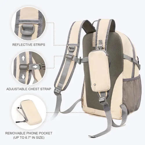 Vista 5 de Mochila de senderismo para mujeres y hombres de 20 litros con bolsillo extraíble para teléfono, mochila de viaje ligera pequeña mochila