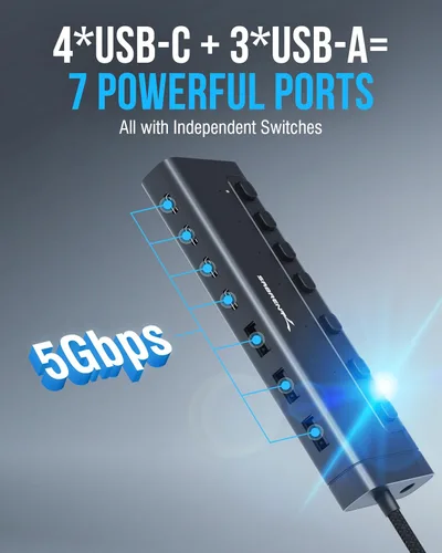 Vista 4 de SABRENT Hub USB-C de 7 puertos con interruptores de alimentación, USB 3.2 de 5 Gbps, concentrador alimentado de 48 W con 3 puertos USB-A + 4 puertos