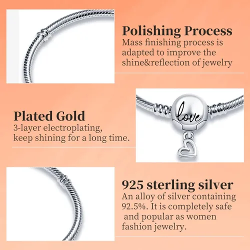 Vista 3 de LENDPLEX Pulsera de dije para dijes Pandora, plata de ley 925, cierre de corazón básico, pulsera de cadena de serpiente, regalo para niñas y mujeres
