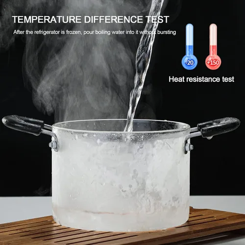Vista 2 de Cacerola de vidrio con tapa, resistente al calor, olla de cocina de vidrio de borosilicato de madera con doble asa, cristalería transparente