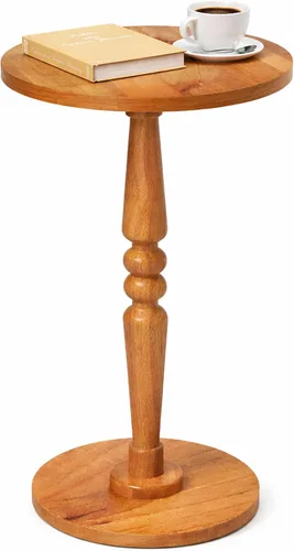 Vista 9 de Mesa auxiliar redonda para espacios pequeños, mesita de noche pequeña con parte superior de madera maciza y pata de pedestal, mesa moderna