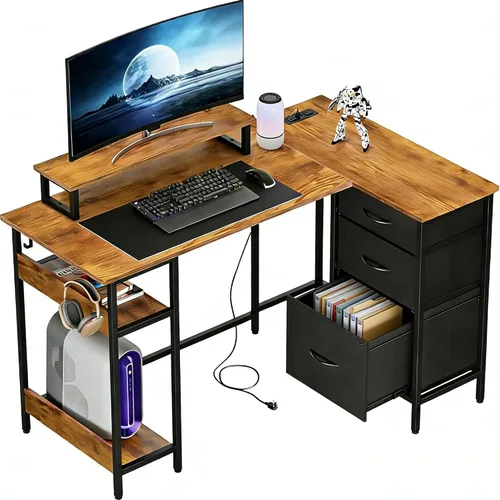 Vista 11 de DEVAISE Escritorio para juegos en forma de L de 48 pulgadas con cajones y almacenamiento, escritorio de esquina con luces LED, tomas de corriente