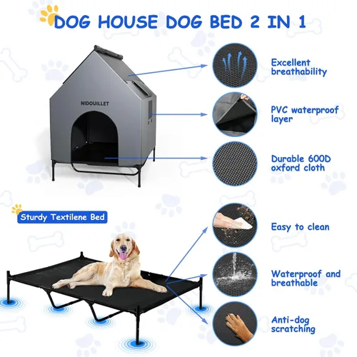 Vista 4 de Casa para perros de 48" para exterior e interior, casas para perros extra grandes resistentes a la intemperie 600D PVC con cama elevada para perros