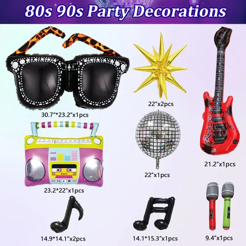 Vista 3 de JOGAMS Decoraciones de fiesta de los 80 y 90 165 piezas Globos con guitarra inflable retro, micrófono, anteojos, nota musical, globos de bola