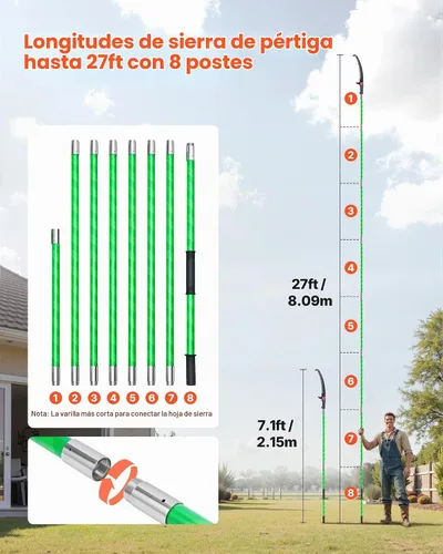 Vista 2 de VEVOR Sierra de poste manual, poste extensible de 3.87-27 pies para podar árboles, hoja de acero 65Mn afilada, poste de mango de fibra de vidrio