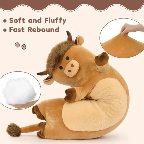 Vista 3 de Tezituor Lindo animal de peluche de vaca de las tierras altas de 43 pulgadas, almohada de felpa de vaca larga suave para niños y adultos, juguete