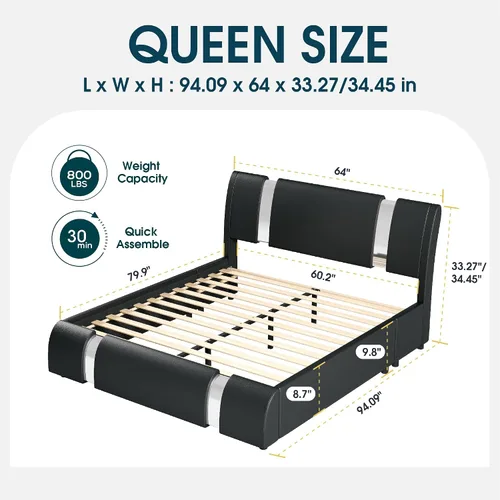 Vista 2 de WEEWAY Base de cama tamaño Queen con decoración moderna de piezas de hierro, cama de plataforma de piel sintética con cabecera ajustable curvada