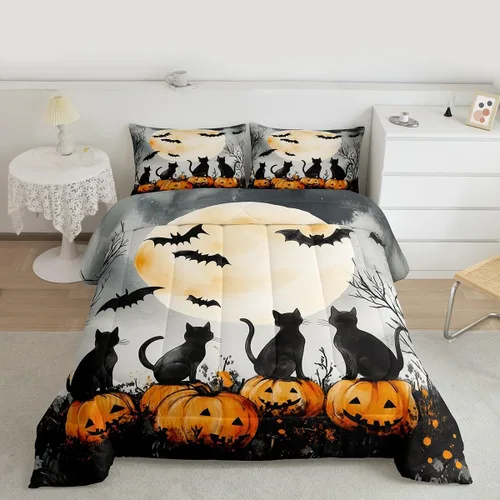 Vista 17 de Lindo juego de edredón de murciélago tamaño Queen con diseño de animales de Feliz Halloween, 3 piezas para decoración de habitación de niños