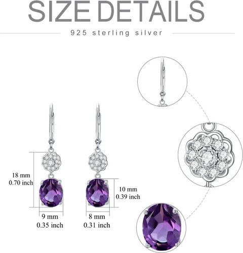 Vista 2 de Althum Aretes colgantes de amatista morada para mujer, plata de ley 925 de 0.394 in x 0.315 in, corte ovalado, amatista natural, aretes colgantes