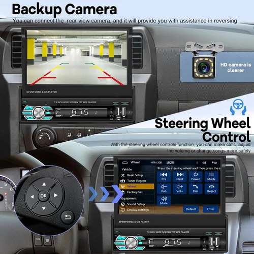 Vista 3 de Estéreo de coche con pantalla abatible Single Din con Carplay inalámbrico y Android Auto, pantalla táctil de 7 pulgadas, 1 Din, compatible
