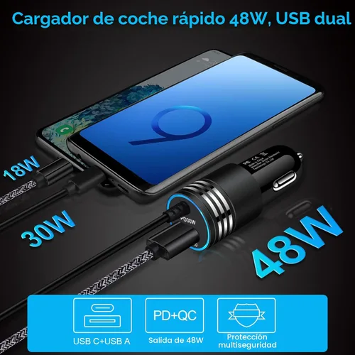 Vista 3 de Cargador de Coche Súper Rápido de 48W USB C Adaptador de Coche Rápido Android con Cable de Carga Rápida Tipo C de 30W Integrado para Samsung Galaxy