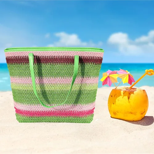 Vista 62 de Bolso grande de paja para mujer, tejido de ratán, bolso de playa de verano, a rayas