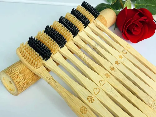 Vista 3 de Cepillo de dientes de bambú cerdas medianas, 10 cepillos de dientes de madera biodegradables a granel