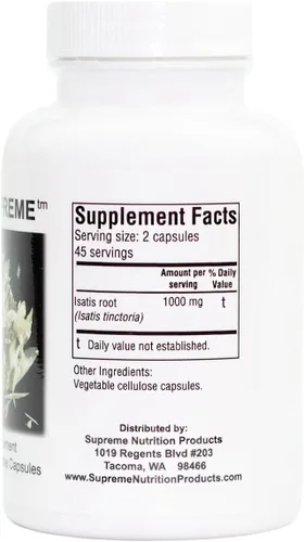 Vista 3 de Woad Supreme de Supreme Nutrition, 90 cápsulas, raíz de Isatis tinctoria en polvo, 1 botella