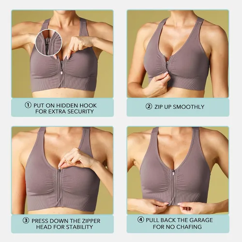 Vista 5 de Evercute Zip Front Post-Surgery Bra Women's Wireless Sports Bras Padded Strappy Medium Support Yoga Exercise Athletic Bras