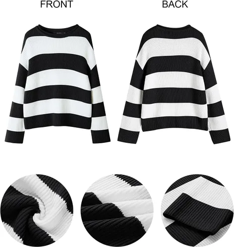 Vista 4 de ZESICA - Suéter tejido sin botones de manga larga y cuello redondo para mujer, a rayas, bloques de color, cómodo, holgado, talla extragrande