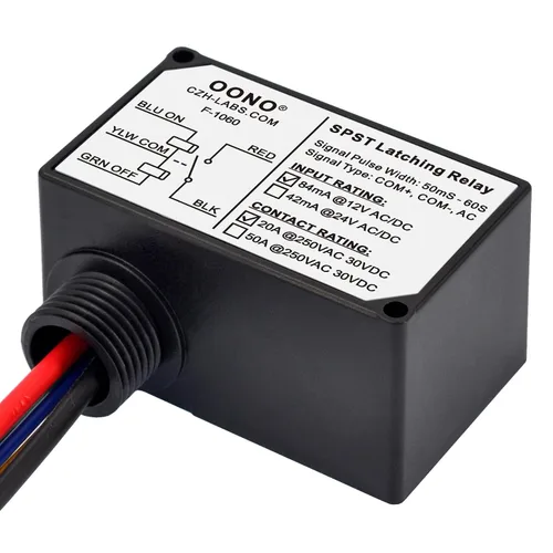 Vista 4 de Módulo de relé de bloqueo AC/DC 12V SPST 20Amp 250Vac/30Vdc, carcasa de plástico con cable, OONO F-1060