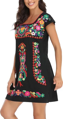 Vista 4 de YZXDORWJ Vestido bordado mexicano sin mangas con cuello de volantes para mujer