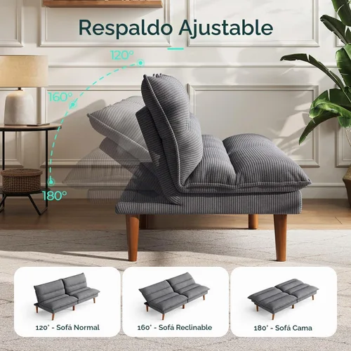 Vista 3 de LINSY HOME Sofá cama futón de 71 pulgadas, sofá futón de pana con respaldo ajustable de 3 posiciones, sofá cama convertible de dos plazas, sofás