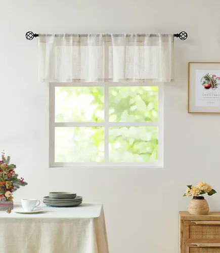 Vista 7 de Central Park Cortina Valance para Ventana de Cocina de Rayas Verticales Transparente Boucle de Lino Beige y Blanco, Paneles Rústicos Decorativos