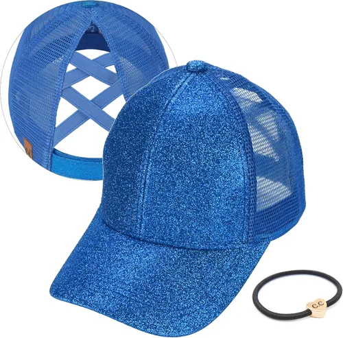 Vista 71 de C.C Gorra de béisbol de malla con diseño de estrella brillante, gorra de camionero ajustable para moño o cola de caballo Una banda elástica-negro