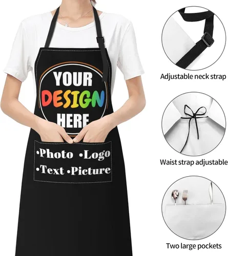 Vista 3 de Delantales de cocina personalizados para hombres y mujeres con bolsillos, personalizable, foto, logotipo, imagen, nombre, chef cocinero, delantal